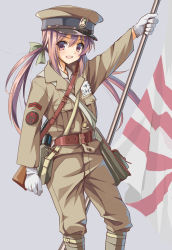Rule 34 | 1girl, absurdres, anchor symbol, ankle wrap, arisaka, arm up, bag, belt, bolt action, canteen, flag, flagpole, gloves, gun, gun sling, hair ribbon, hat, highres, holding, holding flag, imperial japanese navy, japanese flag, long hair, longmei er de tuzi, looking at viewer, military, military uniform, open mouth, original, peaked cap, purple eyes, purple hair, ribbon, rifle, rising sun flag, satchel, smile, soldier, solo, sunburst, twintails, uniform, weapon, weapon on back, white gloves, world war ii