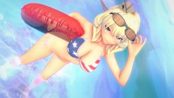Rule 34 | 1girl, 3d, american flag bikini, bikini, blonde hair, blue eyes, braid, breasts, cleavage, colorado (kancolle), commentary request, dutch angle, enemy lifebuoy (kancolle), eyewear on head, flag print, garrison cap, hat, headgear, highres, innertube, kantai collection, large breasts, multicolored background, short hair, side braids, smile, solo, stoic (symbolic), sunglasses, swim ring, swimsuit, water