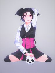 Rule 34 | 1girl, absurdres, arm up, bad id, bad pixiv id, black hair, black thighhighs, blush, dress shirt, grey background, heart, heart-shaped pupils, highres, kuromi, long sleeves, looking at viewer, onegai my melody, personification, sanrio, shirt, short hair, skirt, skull, solo, symbol-shaped pupils, thighhighs, white shirt, yandere