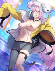 Rule 34 | 1girl, abs, absurdres, aged up, aqua hair, breasts, breasts out, creatures (company), game freak, gen 1 pokemon, gym leader, hair ornament, highres, iono (pokemon), jacket, long hair, long sleeves, magnemite, medium breasts, multicolored eyes, multicolored hair, muscular, muscular female, nintendo, nipples, open clothes, open jacket, pink hair, pokemon, pokemon sv, solo, two-tone hair, very long hair, vilde loh hocen