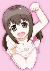 Rule 34 | 10s, 1girl, :d, breasts, brown hair, cleavage, from above, green eyes, katayama minami, looking at viewer, medium breasts, onota, open mouth, paw pose, sitting, smile, solo, swimsuit, twintails, wake up girls!, wariza
