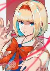 Rule 34 | 1girl, alice margatroid, bad id, bad pixiv id, blonde hair, blue eyes, blunt bangs, blurry, bow, bowtie, closed mouth, depth of field, hairband, highres, jewelry, looking at viewer, nail polish, oftooon, puppet rings, red bow, red ribbon, ribbon, ring, short hair, simple background, soft focus, solo, touhou, upper body