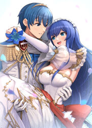 Rule 34 | 1boy, 1girl, blue eyes, blue hair, breasts, bride, caeda (bridal) (fire emblem), caeda (fire emblem), carrying, carrying person, cleavage, detached sleeves, dress, fire emblem, fire emblem: mystery of the emblem, fire emblem heroes, gloves, gonzarez, groom, highres, husband and wife, long hair, looking at another, marth (fire emblem), marth (groom) (fire emblem), medium breasts, nintendo, official alternate costume, princess carry, red sash, sash, see-through, see-through sleeves, smile, teeth, upper body, upper teeth only, wedding dress, white background, white dress, white gloves