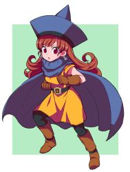 Rule 34 | 1girl, :o, alena (dq4), belt, black belt, black pantyhose, blue cape, blue hat, boots, breasts, brown footwear, brown gloves, brown hair, cape, clenched hands, commentary request, curly hair, dragon quest, dragon quest iv, dress, earrings, fighting stance, full body, gloves, green background, hands up, hat, highres, jewelry, knee boots, legs apart, long hair, looking at viewer, open mouth, orange dress, pantyhose, red eyes, short dress, short sleeves, sleeveless, sleeveless dress, small breasts, solo, standing, swept bangs, v-shaped eyebrows, v-shaped eyes, white background, yokoyoko (nazonazo)
