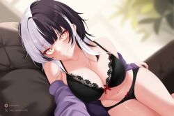 Rule 34 | 1girl, bedroom, black hair, blush, breasts, highres, hololive, hololive english, large breasts, looking at viewer, multicolored hair, oioi ainomo, shiori novella, smile, solo, split-color hair, underwear, virtual youtuber, white hair, yellow eyes