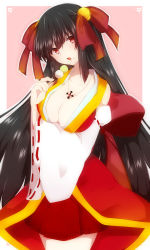 Rule 34 | 1girl, absurdres, bad id, bad nicoseiga id, bell, black hair, bow, breast hold, breasts, cleavage, dango, detached sleeves, food, food on face, hair bell, hair bow, hair ornament, head tilt, highres, japanese clothes, jewelry, jingle bell, large breasts, long hair, looking at viewer, miko, necklace, original, red eyes, skirt, solo, takeshima eku, very long hair, wagashi