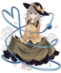 Rule 34 | 1girl, belt, black hat, blue belt, blue eyes, bow, breasts, buttons, closed mouth, clothes lift, collarbone, collared shirt, cropped legs, flower, frilled shirt collar, frilled skirt, frills, green skirt, hat, hat bow, heart, heart of string, jitome, komeiji koishi, long sleeves, looking at viewer, medium hair, minamiya mia, outline, rose, shirt, silver hair, skirt, skirt lift, small breasts, smile, solo, stitches, sun hat, third eye, touhou, white background, yellow bow, yellow shirt