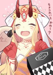 Rule 34 | 1girl, ^ ^, artist name, blonde hair, box, candy, chocolate, clenched hands, closed eyes, collarbone, earrings, facial mark, fang, fate/grand order, fate (series), fazer, flying sweatdrops, food, highres, horns, ibaraki douji (fate), japanese clothes, jewelry, kimono, long hair, markings, oni, oni horns, open mouth, product placement, ruton-niki, solo focus, upper body