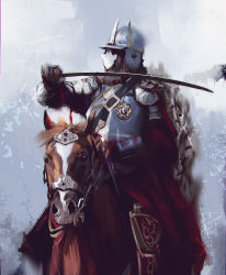 Rule 34 | 1boy, animal, armor, beard, blurry, breastplate, brown gloves, facial hair, gloves, grey background, hand up, helmet, highres, holding, holding sword, holding weapon, horse, kalmahul, knight, male focus, open mouth, original, red robe, robe, royal robe, sword, weapon