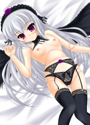 Rule 34 | 00s, 1girl, bad id, bad pixiv id, blush, breasts, doll joints, garter straps, joints, katsuragi niya, long hair, looking at viewer, lying, nipples, panties, red eyes, rozen maiden, silver hair, small breasts, solo, suigintou, thighhighs, topless, underwear, wings