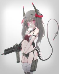 Rule 34 | 1girl, :&lt;, absurdres, bra, breasts, chromatic aberration, cleavage, grey background, grey hair, grey panties, grey thighhighs, groin, gun, headgear, highres, long hair, mechanical tail, navel, no pants, oota youjo, original, panties, red eyes, simple background, small breasts, solo, sports bra, stomach, tail, thighhighs, thighs, twintails, two-tone sports bra, underwear, weapon, weapon request