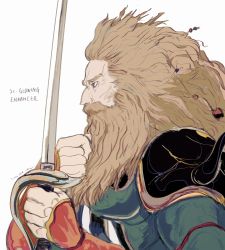 Rule 34 | 1boy, armor, banon (ffvi), beard, blonde hair, facial hair, final fantasy, final fantasy vi, highres, holding, holding sword, holding weapon, long beard, mustache, oju (ouka), old, old man, simple background, square enix, sword, weapon, white background