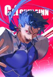 Rule 34 | 1boy, armor, blue hair, character name, cu chulainn (fate), cu chulainn (fate/stay night), earrings, english text, evil grin, evil smile, fangs, fate/stay night, fate (series), gae bolg (fate), grin, highres, jewelry, long hair, looking at viewer, male focus, pauldrons, ponytail, red eyes, shoulder armor, smile, solo, tobu (bilibil)