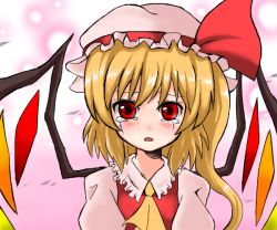 Rule 34 | 1girl, blonde hair, blouse, blush, collared shirt, crying, crying with eyes open, female focus, flandre scarlet, haro (artist), hat, mob cap, oekaki, pink background, shirt, solo, tears, touhou, white hat, white shirt, wings