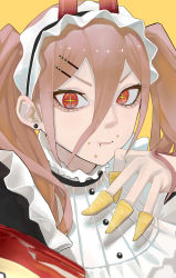 Rule 34 | + +, 1girl, absurdres, bugles (food), chainsaw man, chewing, chips (food), cross-shaped pupils, crumbs, earrings, eating, food, hair between eyes, hair ornament, hairpin, highres, horns, jewelry, long hair, looking at viewer, maid, maid headdress, power (chainsaw man), red eyes, red horns, sailen0, solo, symbol-shaped pupils, twintails