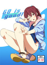 Rule 34 | 10s, 1girl, ;d, blush, competition swimsuit, double v, english text, feet, free!, full body, gradient background, hood, hooded jacket, hoodie, jacket, legs, long hair, matsuoka gou, no socks, one-piece swimsuit, one eye closed, open clothes, open hoodie, open mouth, ponytail, red eyes, red hair, sandals, smile, solo, swimsuit, toes, v, yoshiki360