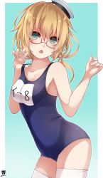Rule 34 | 1girl, absurdres, adjusting clothes, adjusting swimsuit, aqua background, armpits, artist logo, artist name, blonde hair, blue eyes, border, breasts, cowboy shot, glasses, hat, hibiki (zerocodo), highres, i-8 (kancolle), kantai collection, looking at viewer, low twintails, medium breasts, name tag, one-piece swimsuit, open mouth, peaked cap, red-framed eyewear, ribbon, sailor hat, school swimsuit, semi-rimless eyewear, solo, standing, swimsuit, thighhighs, twintails, under-rim eyewear, white border, white ribbon, white thighhighs