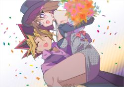 Rule 34 | 1boy, 1girl, alternate costume, blush, bouquet, brown hair, carrying, closed eyes, dress, duel monster, dyed bangs, flower, hat, mazaki anzu, misaka (missa), multicolored hair, muto yugi, open mouth, princess carry, short hair, smile, spiked hair, tagme, yu-gi-oh!, yu-gi-oh! duel monsters