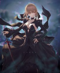 Rule 34 | 1girl, artoria pendragon (all), artoria pendragon (fate), black dress, black ribbon, blonde hair, braid, breasts, character name, cleavage, closed mouth, dark persona, dress, excalibur morgan (fate), fate/grand order, fate/stay night, fate (series), french braid, gothic lolita, hair bun, halter dress, halterneck, hand on own hip, highres, lolita fashion, long sleeves, looking at viewer, medium breasts, puffy sleeves, ribbon, saber alter, single hair bun, solo, standing, sword, und0, weapon, yellow eyes