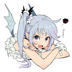 Rule 34 | 1girl, bat wings, blue hair, bow, crossed arms, fang, fingernails, frills, glaring, hair bow, long fingernails, long hair, open mouth, original, pink eyes, poo (donkan gokko), side ponytail, solo, wings, wrist cuffs