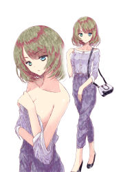 Rule 34 | 1girl, aramachi, blouse, blue eyes, blue pants, breasts, capri pants, cleavage, collarbone, full body, green eyes, green hair, heterochromia, high-waist pants, high heels, highres, idolmaster, idolmaster cinderella girls, idolmaster cinderella girls starlight stage, looking at viewer, medium breasts, mole, mole under eye, pants, parted lips, shiny skin, shirt, short hair, sideboob, simple background, smile, solo, standing, striped clothes, striped shirt, takagaki kaede, undressing, vertical-striped clothes, vertical-striped shirt, white background