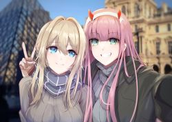 Rule 34 | 10s, 2girls, absurdres, arm around neck, black coat, blonde hair, blue eyes, blue sky, blurry, blurry background, braid, breasts, brown sweater, changpan hutao, coat, crossover, darling in the franxx, fang, green eyes, grey sweater, grin, hair between eyes, highres, horns, long hair, medium breasts, multiple girls, open clothes, open coat, outdoors, outstretched arm, pink hair, reaching, reaching towards viewer, red horns, scarf, selfie, sky, smile, striped clothes, striped scarf, sweater, v, violet evergarden, violet evergarden (series), zero two (darling in the franxx)