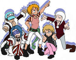 Rule 34 | 5boys, baseball cap, bellamy, belt, blue hair, boots, eddy (one piece), fur jacket, fur trim, glasses, gloves, hat, hat over eyes, jacket, jaya, jolly roger, male focus, multiple boys, one piece, open clothes, open jacket, pants, pink pants, pink shirt, pirate, rivers, ross (one piece), sarkies, sash, scar, shirt, smiley, striped clothes, striped pants, tattoo, tongue, white pants