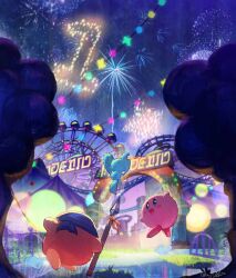 Rule 34 | animal ears, bandana, bandana waddle dee, blue bandana, blush stickers, colored skin, elfilin, ferris wheel, fireworks, highres, holding, holding polearm, holding weapon, kirby, kirby (series), kirby and the forgotten land, looking back, mouse ears, nijimaarc, nintendo, no humans, notched ear, open mouth, pink skin, polearm, signature, smile, solid oval eyes, spear, tree, weapon