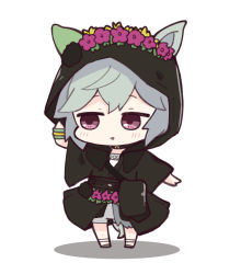 Rule 34 | 1girl, animal ears, black dress, blush, brown eyes, chibi, commentary request, dress, ears through headwear, flower, full body, grey hair, grey shorts, hood, hood up, horse ears, horse girl, horse tail, long sleeves, nozo (hitomiz), parted lips, purple flower, seiun sky (let&#039;s dye the country red tomorrow) (umamusume), seiun sky (umamusume), shadow, short shorts, shorts, solo, standing, sweatband, tail, umamusume, white background, wide sleeves, wristband