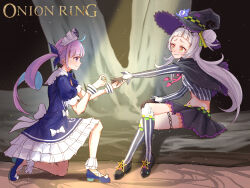 Rule 34 | 2girls, anchor print, anchor symbol, ankle cuffs, arched bangs, azuma (azmdraw), back bow, black capelet, black footwear, black gloves, black skirt, blue dress, blue footwear, blue hair, blue ribbon, bow, brand name imitation, capelet, closed mouth, colored inner hair, commentary request, cone hair bun, cropped shirt, dress, dress bow, drill hair, elden ring, footwear bow, frilled dress, frills, full body, gloves, grey hair, grey shirt, grey thighhighs, hair bun, hair ribbon, hat, highres, holding, holding jewelry, holding ring, hololive, jewelry, large bow, loafers, long hair, long sleeves, looking at viewer, maid headdress, marriage proposal, mary janes, microskirt, midriff, minato aqua, minato aqua (1st costume), multicolored hair, multiple girls, murasaki shion, murasaki shion (1st costume), on one knee, parody, pinstripe pattern, pinstripe shirt, puffy short sleeves, puffy sleeves, purple eyes, purple hair, ribbon, ring, shirt, shoes, short dress, short eyebrows, short sleeves, side up bun, sidelocks, single side bun, sitting, skirt, smile, star (symbol), striped clothes, striped shirt, striped thighhighs, thighhighs, thighlet, tilted headwear, twin drills, twintails, two-tone hair, vertical-striped clothes, vertical-striped shirt, vertical-striped thighhighs, very long hair, virtual youtuber, white bow, witch hat, wrist cuffs, yellow eyes, yuri