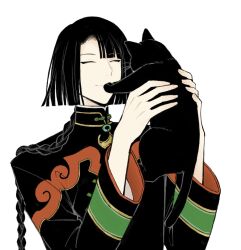 Rule 34 | animal, black cat, black hair, braid, cat, changpao, chinese clothes, closed eyes, closed mouth, fate/grand order, fate (series), highres, holding, holding animal, holding cat, long hair, long sleeves, ponkotubiglove, simple background, single braid, tai gong wang (fate)