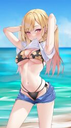 Rule 34 | 1girl, armpits, arms up, beach, bikini, bikini under clothes, black bikini, blonde hair, blue sky, breasts, clothes in mouth, cowboy shot, day, denim, denim shorts, highres, kitagawa marin, long hair, looking at viewer, matrix16, medium breasts, mouth hold, navel, ocean, open fly, outdoors, red eyes, shirt in mouth, shorts, sky, solo, sono bisque doll wa koi wo suru, stomach, swimsuit, thighs