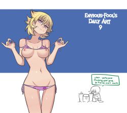 Rule 34 | 2girls, english text, envious-fool, highres, multiple girls, original, smile, swimsuit, topless