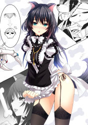 Rule 34 | 1boy, 1girl, ainz ooal gown, animal ears, apron, apron tug, bad id, bad pixiv id, black hair, black panties, black thighhighs, blush, bone, bow, bowtie, breasts, cowboy shot, dog ears, dog tail, garter straps, green eyes, humanization, lace, lace-trimmed legwear, lace trim, licking, long hair, long sleeves, looking at viewer, maid, maid apron, mole, mole under eye, mushroom (artist), nose blush, object on head, overlord (maruyama), panties, panties on head, pantyshot, pestonya shortcake wanko, side-tie panties, skeleton, solo focus, standing, tail, thighhighs, triangle mouth, underwear, unworn panties, waist apron, white bow, white bowtie, wide sleeves