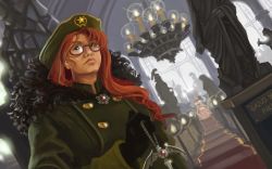 Rule 34 | 2girls, absurdres, bespectacled, black gloves, buttons, candle, candlestand, chandelier, church, coat, dutch angle, emblem, glasses, gloves, hat, highres, hong meiling, huge filesize, indoors, long sleeves, military, military uniform, multiple girls, peaked cap, red hair, remilia scarlet, star (sky), star (symbol), statue, touhou, u-joe, uniform, wax