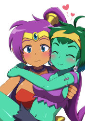 Rule 34 | 2girls, ^ ^, bare arms, bare shoulders, blue eyes, blush, breasts, carrying, closed eyes, colored skin, dark-skinned female, dark skin, earrings, embarrassed, forehead jewel, gem, green hair, green skin, happy, headband, heart, hoop earrings, jewelry, johnny (seek as 1990sp), large breasts, lifting person, midriff, multiple girls, navel, ponytail, princess carry, purple hair, rottytops, shantae, shantae (series), shantae and the pirate&#039;s curse, short hair, sideboob, simple background, skull, skull earrings, smile, stitches, stomach, torn clothes, upper body, vest, white background, yuri, zombie