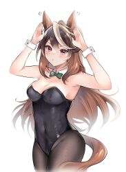 Rule 34 | 1girl, :o, absurdres, animal ears, arms up, bare shoulders, black leotard, black pantyhose, blush, bow, bowtie, brown hair, covered navel, cowboy shot, detached collar, green bow, green bowtie, groin, highres, horse ears, horse girl, horse tail, leotard, long hair, looking at viewer, motion lines, multicolored hair, narusawa (njzc2582), nontraditional playboy bunny, pantyhose, purple eyes, rabbit pose, solo, streaked hair, symboli rudolf (umamusume), tail, umamusume, white background, wrist cuffs