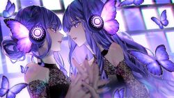 Rule 34 | 2girls, album cover, beni (bn12x20), bug, butterfly, clothing cutout, cover, from side, hair between eyes, headphones, highres, holding hands, insect, interlocked fingers, lace sleeves, long hair, looking at another, magnet (vocaloid), multiple girls, original, parted lips, purple butterfly, purple eyes, purple hair, shoulder cutout, sidelocks, strapless, vocaloid, wings, yuri
