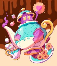 Rule 34 | cake, commentary, cookie, creature, creatures (company), cup, english commentary, food, full body, game freak, gen 8 pokemon, heart, holding, holding food, nintendo, no humans, pokemon, pokemon (creature), polteageist, saucer, solo, sugar cube, teacup, teapot, thumbprint cookie, tonestarr