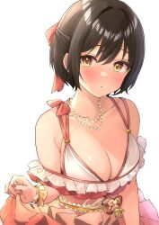 Rule 34 | 1girl, absurdres, armpit crease, b1ack illust, black hair, blurry, blurry foreground, blush, breasts, cleavage, collarbone, commentary, commission, fingernails, fish, floating, goldfish, highres, idolmaster, idolmaster cinderella girls, jewelry, large breasts, looking at viewer, nail polish, necklace, pixiv commission, short hair, simple background, skirt hold, solo, takafuji kako, upper body, white background