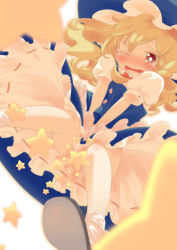 Rule 34 | 1girl, blonde hair, blush, brown eyes, covering privates, covering crotch, female focus, from below, hat, have to pee, kirisame marisa, mizu asato, no panties, pee, peeing, solo, star (symbol), tears, touhou, upskirt, wince, witch hat