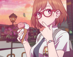 Rule 34 | 1girl, andrian januar adilia, backpack, bag, blue necktie, breasts, brown hair, collared shirt, covered mouth, finger to mouth, food, glasses, grey bag, highres, holding, holding food, holding ice cream, ice cream, indonesian commentary, indonesian high school uniform, large breasts, looking at viewer, necktie, original, red-framed eyewear, red eyes, school uniform, shirt, short hair, short sleeves, solo, swept bangs, upper body, white shirt