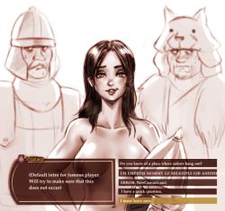 Rule 34 | 1girl, breasts, collarbone, commentary, english commentary, english text, helmet, holding, holding helmet, lips, long hair, looking at viewer, medium breasts, mount &amp; blade, mrkg (arsfatuus), navel, nipples, nude, parted bangs, parted lips, rhagaea (mount &amp; blade), simple background, smile, white background