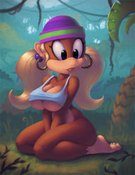 Rule 34 | 1girl, beanie, black eyes, blonde hair, blue eyes, bottomless, breasts, cleavage, donkey kong, donkey kong (series), donkey kong country, earrings, forest, furry, furry female, hat, hoop earrings, jewelry, jungle, large breasts, lips, long hair, low twintails, nature, nintendo, nitro, aged up, solo, spaghetti strap, tank top, tiny kong, twintails, underboob