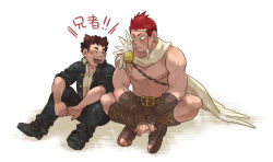Rule 34 | 2boys, abs, ancient greek clothes, bandaged arm, bandages, bara, bare pectorals, blush, cape, crossed legs, feather hair ornament, feathers, gakuran, greco-roman clothes, hair ornament, heterochromia, male focus, mature male, multiple boys, muscular, muscular male, nipples, pectorals, pollux (housamo), protagonist 1 (housamo), red hair, school uniform, short hair, sideburns, smile, tokyo houkago summoners, translation request, tsuna (so da77), white cape