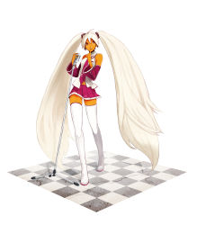 Rule 34 | 1girl, alternate color, bezi, checkered floor, dark-skinned female, dark skin, detached sleeves, finger to mouth, hatsune miku, highres, long hair, microphone, microphone stand, necktie, perspective, shushing, skirt, solo, thighhighs, twintails, very long hair, vocaloid, white hair