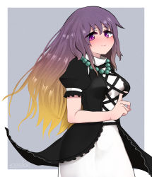 Rule 34 | 1girl, bead necklace, beads, black dress, blush, breasts, cross-laced clothes, dress, gradient hair, grey background, highres, hijiri byakuren, jewelry, long hair, looking at viewer, medium breasts, multicolored hair, necklace, prayer beads, puffy short sleeves, puffy sleeves, purple eyes, purple hair, short sleeves, simple background, smile, solo, topadori, touhou