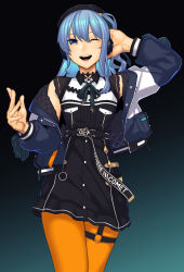 Rule 34 | 1girl, ;d, arm up, belt, black shirt, black skirt, blue eyes, blue hair, choker, cowboy shot, cropped jacket, dyun, gradient background, hand up, headphones, highres, hololive, hoshimachi suisei, hoshimachi suisei (streetwear), jacket, long hair, looking at viewer, neck ribbon, o-ring, off shoulder, official alternate costume, one eye closed, open mouth, orange pantyhose, pantyhose, ribbon, shirt, skirt, smile, solo, standing, star (symbol), star in eye, symbol in eye, two-tone shirt, virtual youtuber