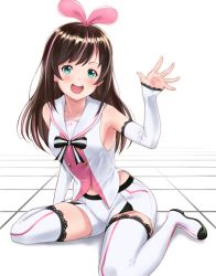 Rule 34 | 1girl, :d, arm up, arm warmers, armpits, bare shoulders, black bow, blush, boots, bow, bowtie, breasts, brown hair, buttons, chokuro, collarbone, commentary request, green eyes, hair bow, hairband, head tilt, highres, kizuna ai, kizuna ai inc., lace, long hair, looking at viewer, multicolored hair, navel, open mouth, outstretched hand, pink bow, pink hair, pink hairband, round teeth, sailor collar, shadow, shorts, sitting, sleeveless, small breasts, smile, solo, streaked hair, striped bow, striped bowtie, striped clothes, striped neckwear, swept bangs, teeth, thigh boots, thighhighs, tile floor, tiles, virtual youtuber, wariza, waving, white background, white footwear, white sailor collar, white shorts