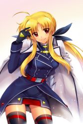 Rule 34 | 1girl, ahoge, arm behind back, belt, black gloves, black panties, black shirt, black thighhighs, blue jacket, blue ribbon, blue skirt, blush, closed mouth, coat, collaboration, commentary request, cowboy shot, derivative work, fading, fate testarossa, fate testarossa (impulse form), gauntlets, geber (geber et), gloves, gluteal fold, gradient background, hair ribbon, hand in own hair, head tilt, highres, jacket, jacket on shoulders, leaning forward, light blush, long hair, looking at viewer, low-tied long hair, lyrical nanoha, magical girl, mahou shoujo lyrical nanoha strikers, miniskirt, overskirt, panties, pantyshot, pencil skirt, ponytail, print thighhighs, red belt, red eyes, ribbon, san-pon, shirt, sidelocks, single horizontal stripe, skindentation, skirt, smile, solo, sparkle, standing, thighhighs, underwear, very long hair, white coat